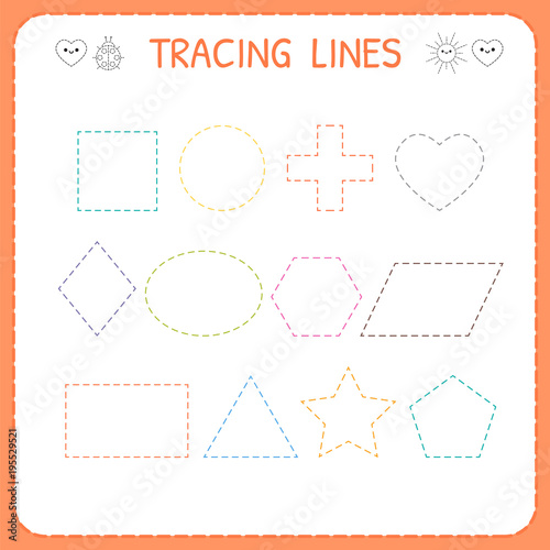 Trace line worksheet for kids. Working pages for children. Preschool or kindergarten worksheet. Trace the shapes