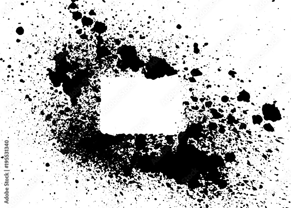 Grunge poster. Modern design with spray black ink splash brushes ink droplets blots. Black splash on white background. Vector illustration grunge frame with space for your advertising offer
