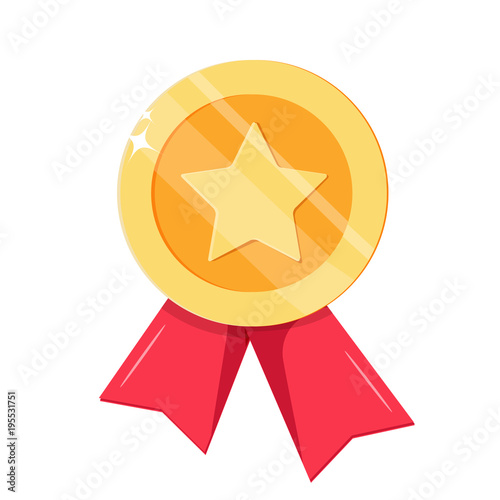 Gold medal with red ribbons isolated on white background. Vector illustration in flat style.