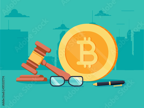 Cryptocurrency legislation flat isometric vector concept. Signed document with bitcoin and gavel on it.