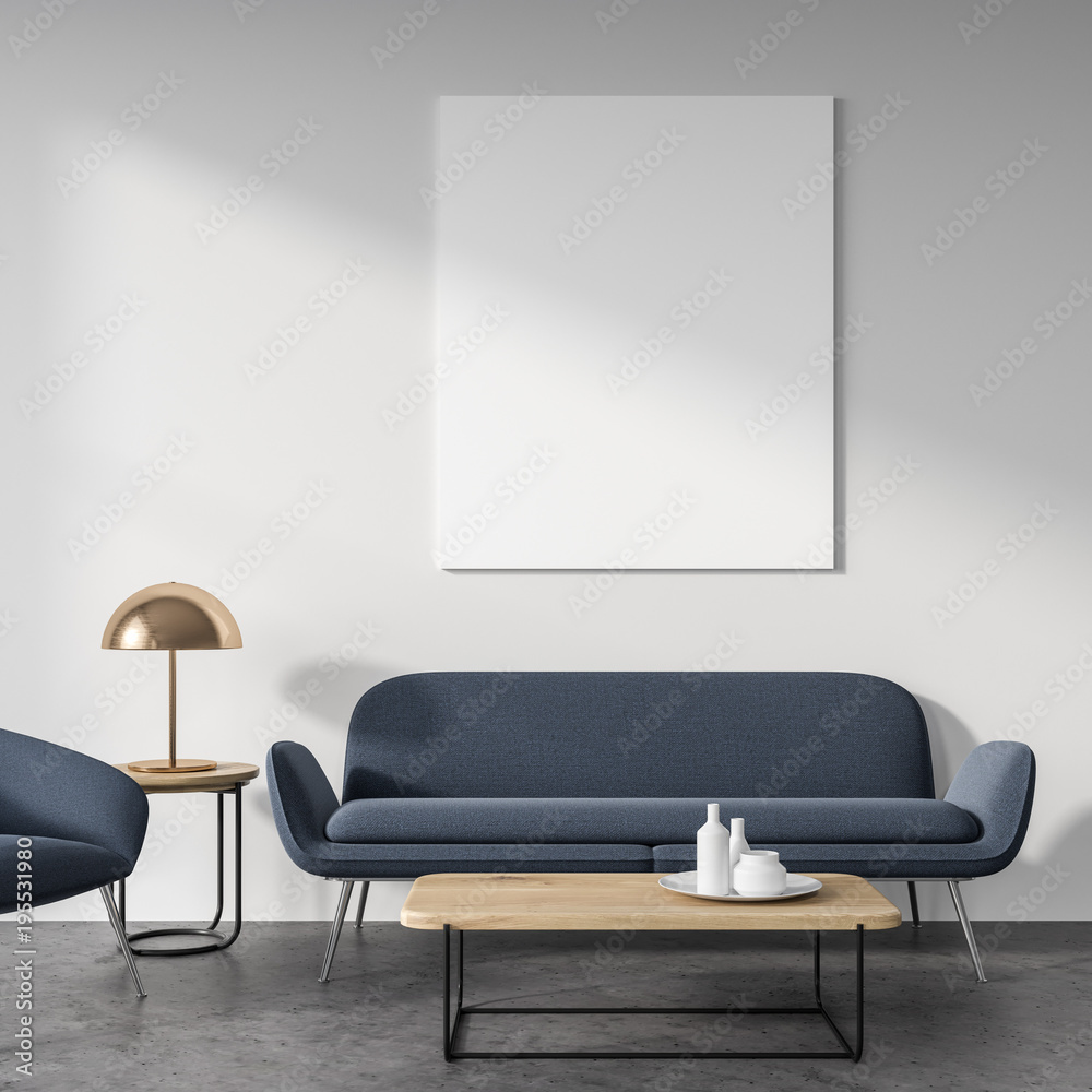 White living room, gray sofa, poster