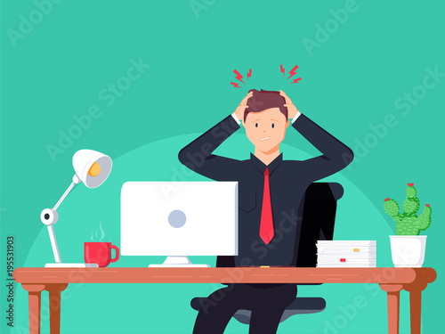 Headache. Businessman working in the office. Flat vector illustration in cartoon style.