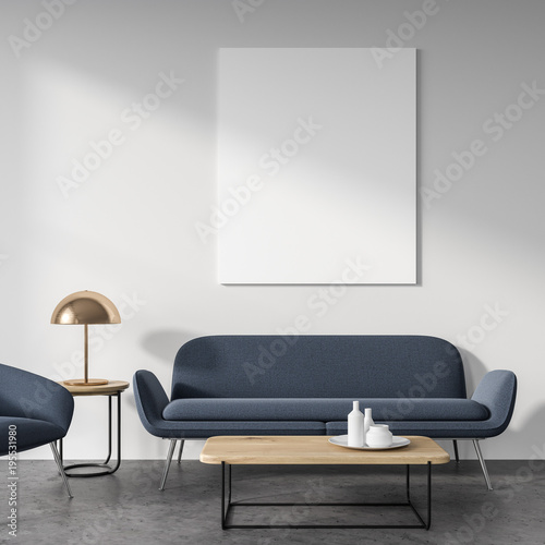White living room  gray sofa  poster