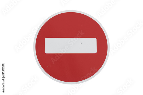 Round red road sign 'No entry' isolated on white