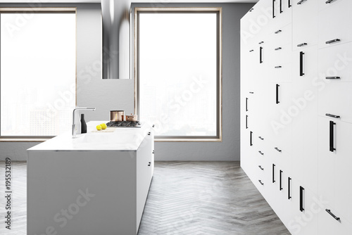 White kitchen interior, bar side view