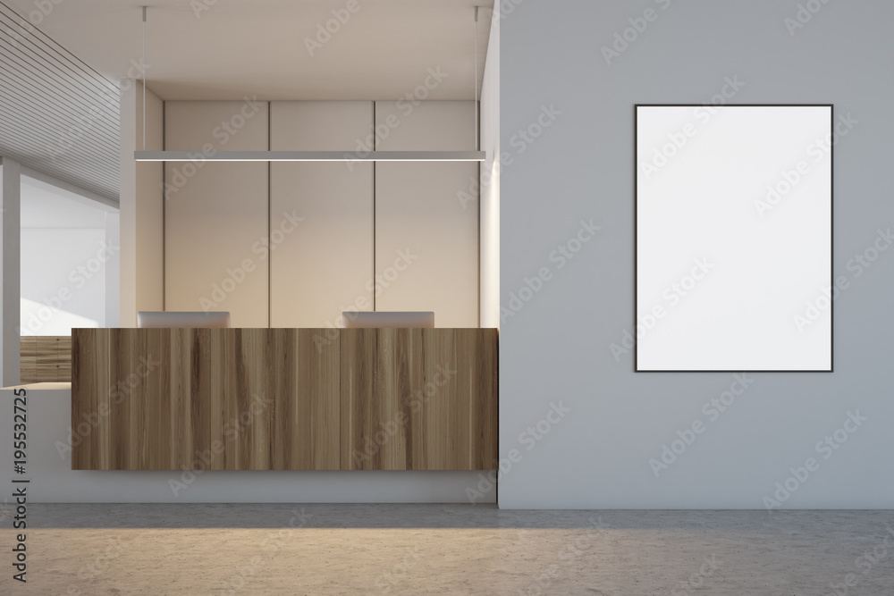 White and wooden office interior, reception poster White and wooden office interior, reception poster