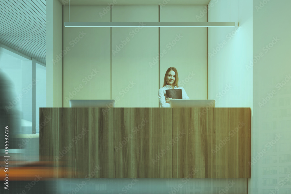 White and wooden office interior, reception, woman White and wooden office interior, reception, woman