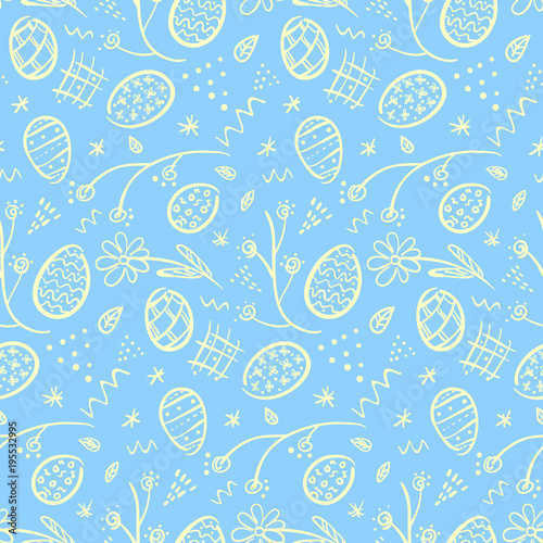 Cute doodle blue Happy Easter seamless pattern with white outline eggs, flowers, lines and dots. Tender ornate spring hand drawn texture for Easter package, wrapping paper, textile, greeting cards