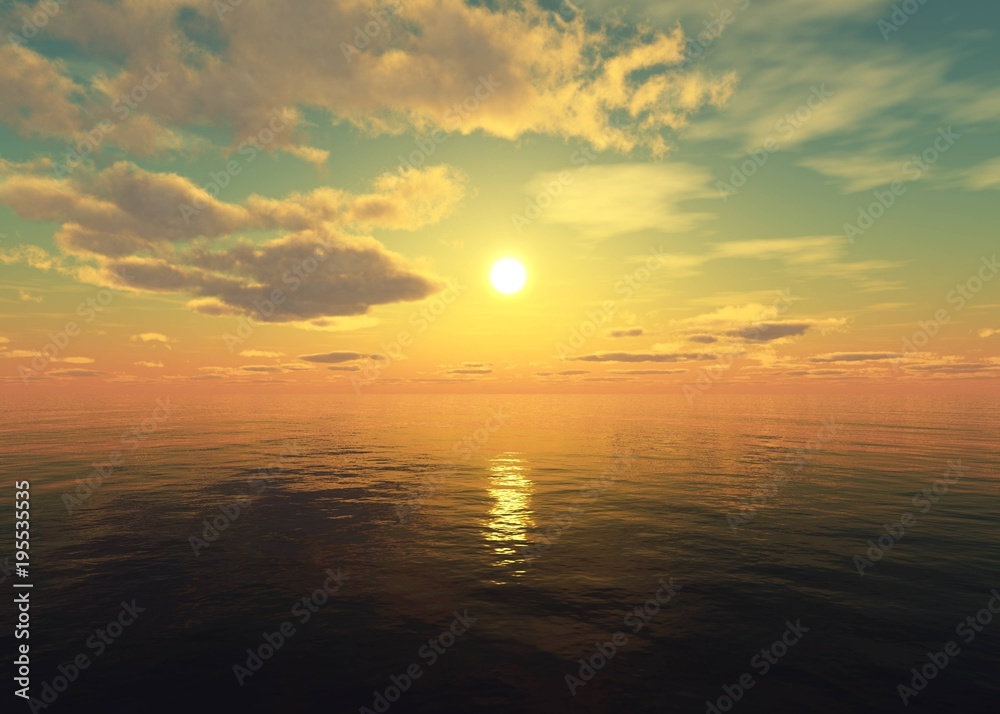 Beautiful sea sunset, sunrise in the ocean
3D rendering
