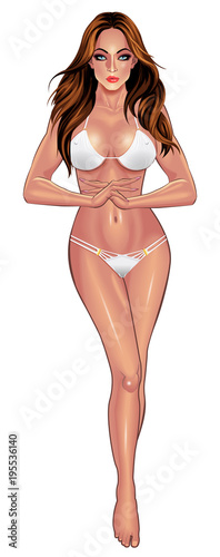 Beautiful sexy young women in white bikini isolated on white background. Beach summer lady with with perfect fitness body. Use for logos, print products, web decor or other design. Vector.