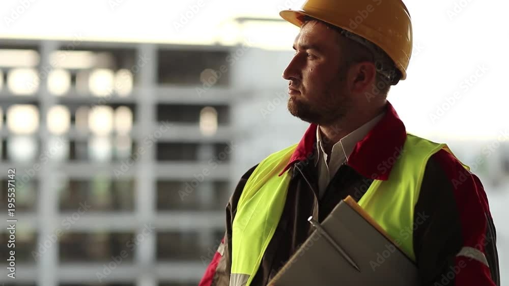 Builder with work documentation on project site. Constructor with business papers looks ahead. Building inspector writes in his documentation