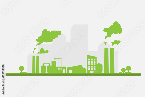 Industrial factory, manufacturing building flat design, environmental and ecology concept, vector illustration