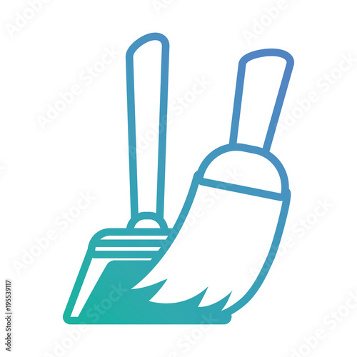 flat line blue broom and dustpan over white background vector illustration