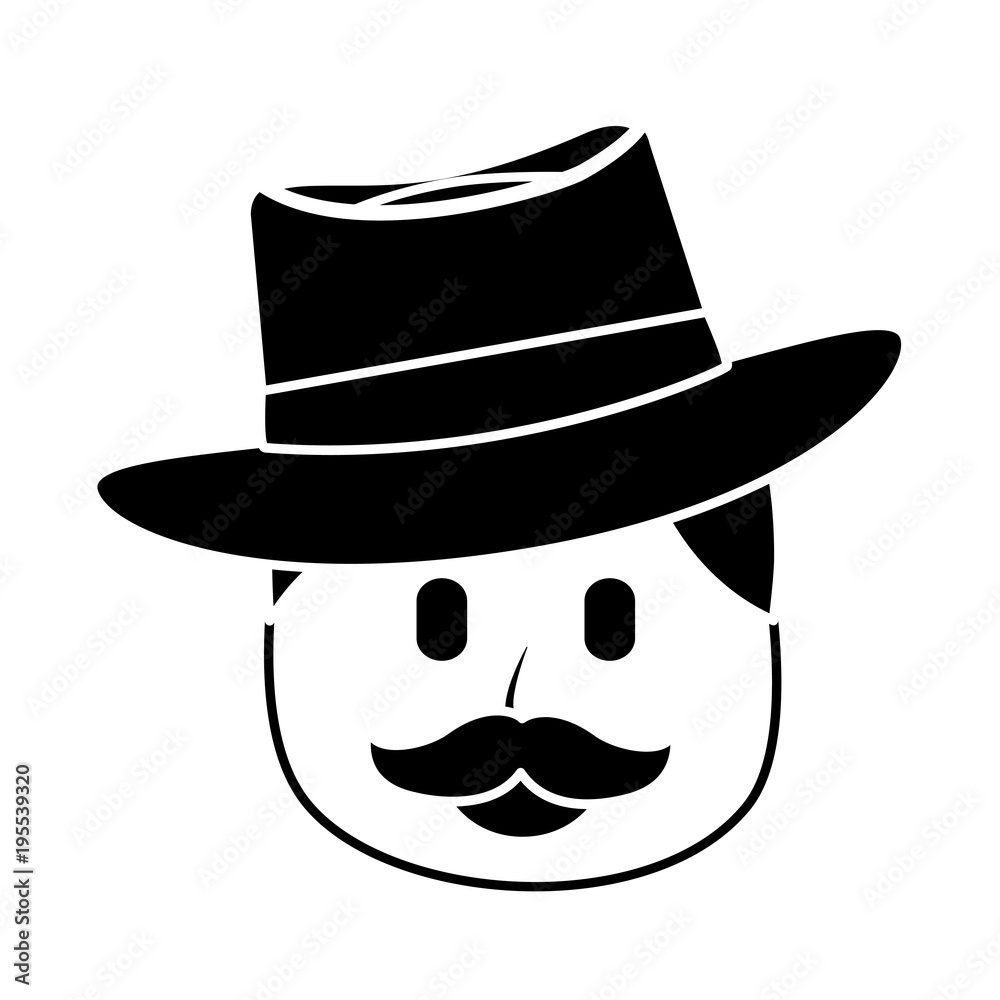 character man face mustache and hat laughing expression vector illustration black and white image