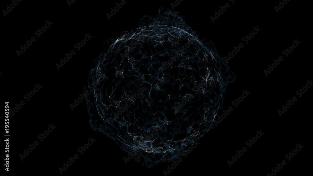 Futuristic abstract rotating sphere with lines and dots motion on black background.