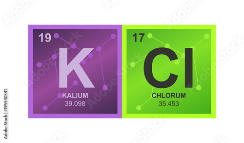 Vector symbol of potassium chloride which consists of potassium and chlorine on the background from connected molecules