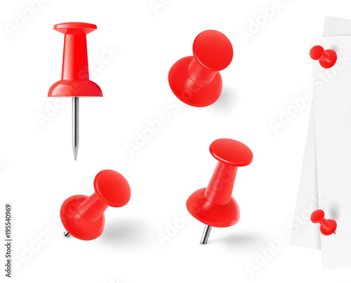 Red push pins isolated on white background. Vector illustration.