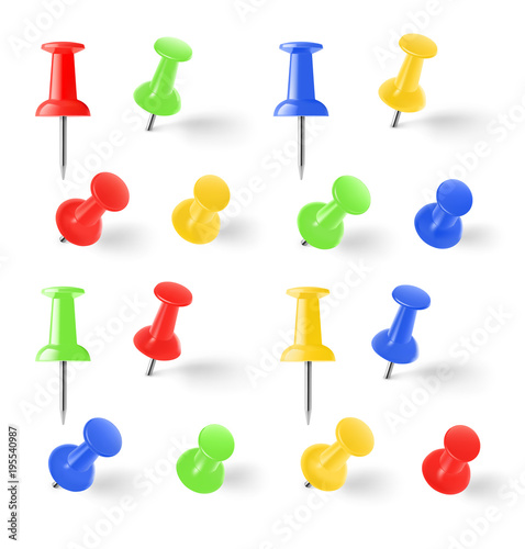 Set of colorful push pins. Vector illustration isolated on white background. EPS10