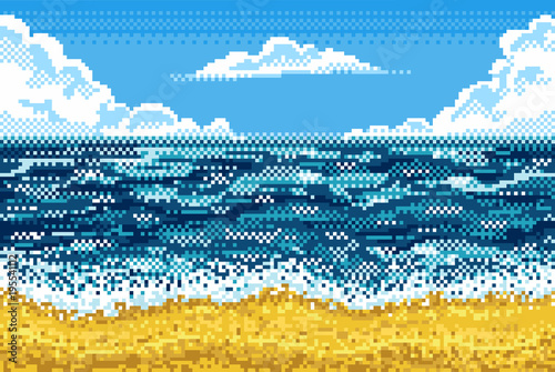Pixel background with beach, sea, sky and clouds