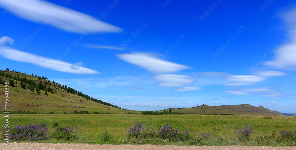 A beautiful summer landscape of the steppe Khakassia with amazing forms of clouds in the blue sky. The grass in the steppe is burned out in the sun