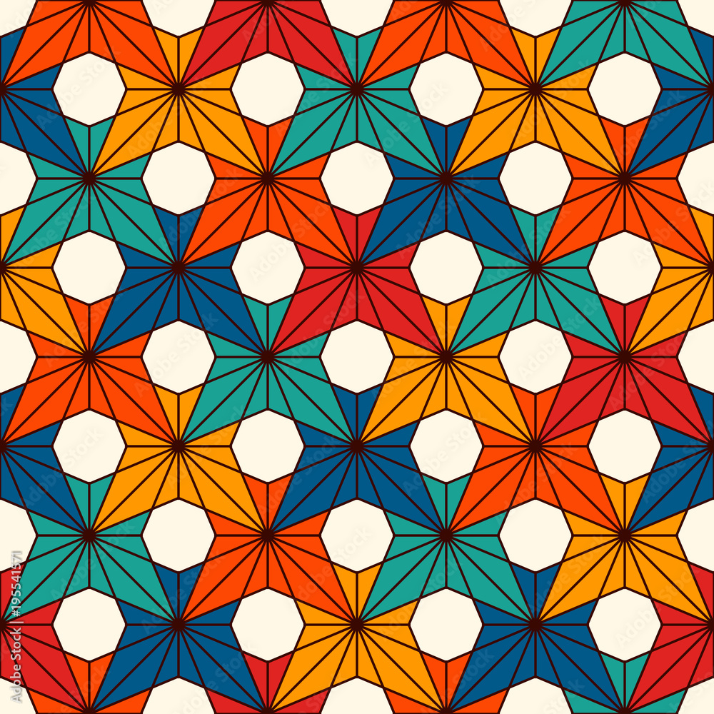 Seamless pattern with bright maple leaves. Repeated orchid flowers. Floral background Traditional japanese asanoha motif Seamless pattern with bright maple leaves. Repeated orchid flowers. Floral background Traditional japanese asanoha motif
