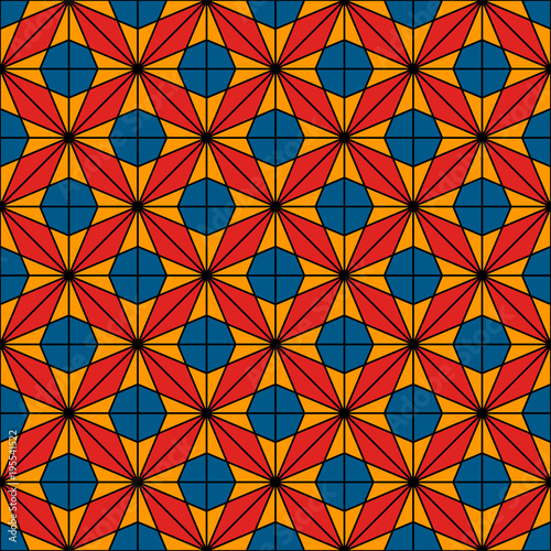 African style seamless pattern. Bright ethnic and tribal floral ornament. Ankara wax inspired textile with asanoha motif
