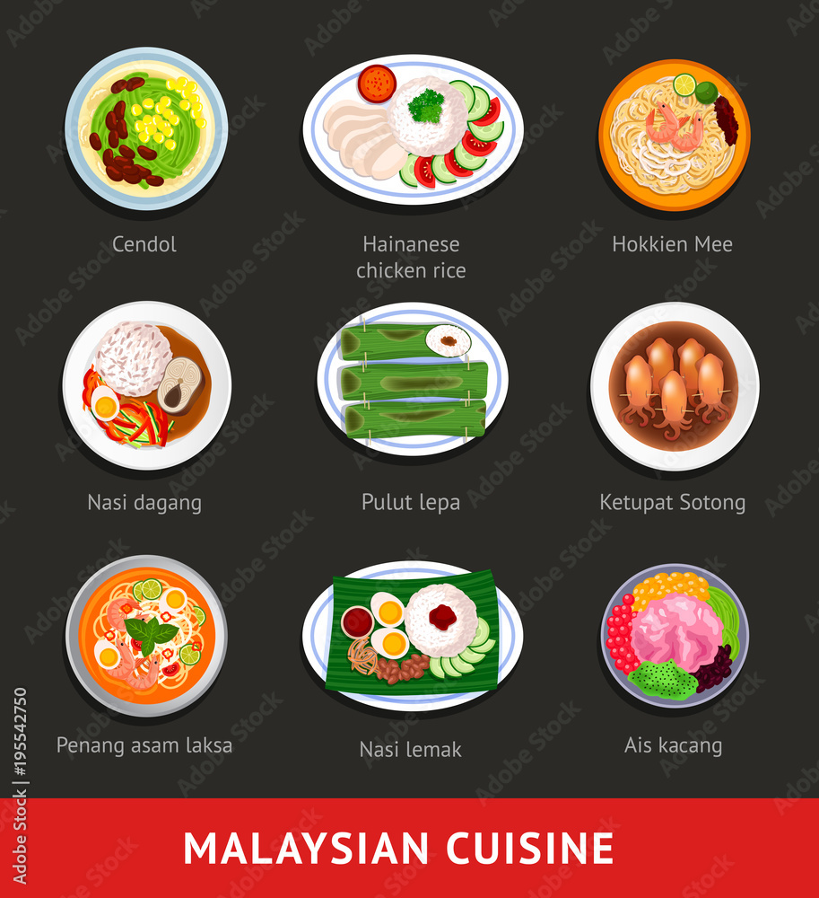 Big set of malaysian food. Asian traditional cuisine. Various national dishes. View from above. Vector flat illustration.