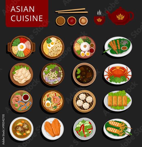 Big set of asian food. Vietnamese, Korean, Indonesian, Chinese and Japanese cuisine. Various food dishes. Vector flat illustration. Can be used for layout, advertising and web design.