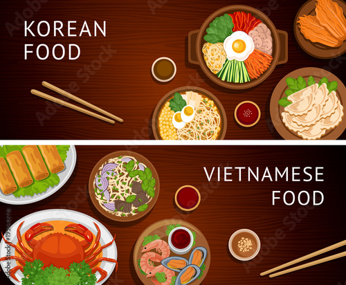 Set of horizontal web banners. Vietnamese, Korean cuisine. Asian food. Traditional national dishes on a wooden background. Collection of vector illustration. Flat design.