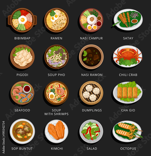 Big set of asian food. Vietnamese, Korean, Indonesian, Chinese and Japanese cuisine. Various food dishes. Vector flat illustration. Can be used for layout, advertising and web design.