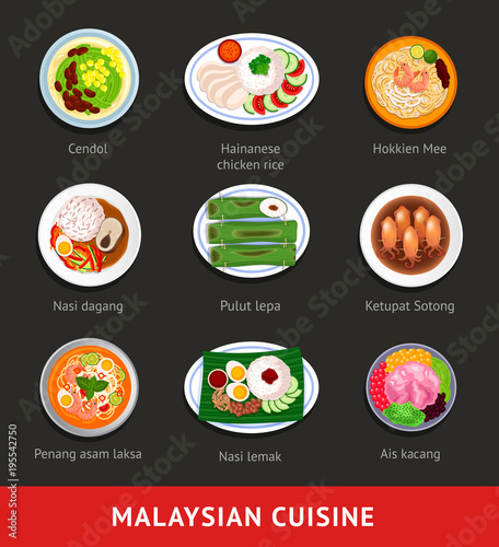 Big set of malaysian food. Asian traditional cuisine. Various national dishes. View from above. Vector flat illustration.