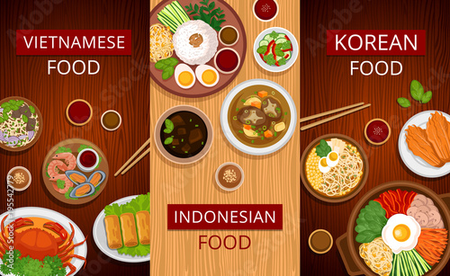 Set of vertical web banners. Vietnamese, Korean, Indonesian cuisine. Asian food. Traditional national dishes on a wooden background. Collection of vector illustration. Flat design.