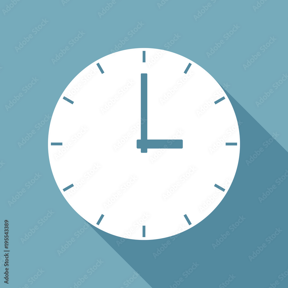 Simple clock icon. White flat icon with long shadow on background Simple clock icon. White flat icon with long shadow on background