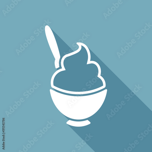 ice cream or porridge in bowl icon. White flat icon with long shadow on background