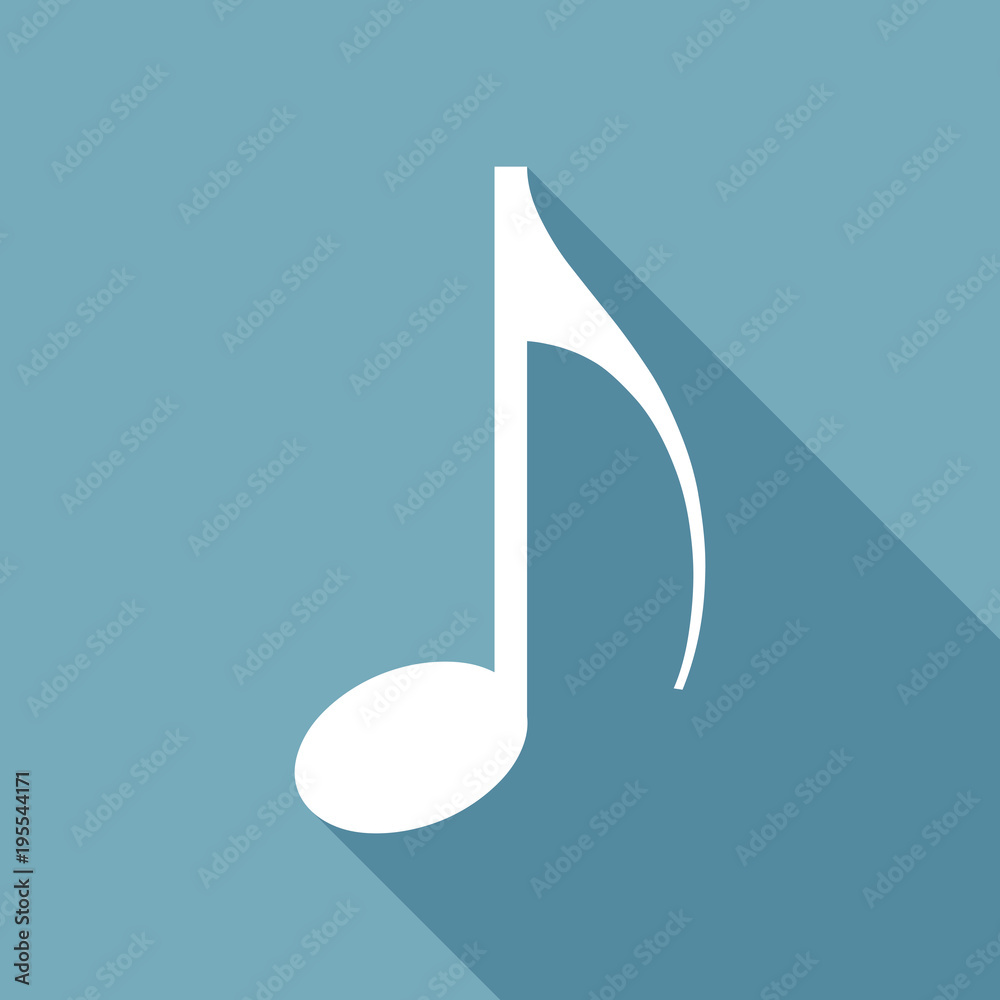 Music note icon. White flat icon with long shadow on background Music note icon. White flat icon with long shadow on background
