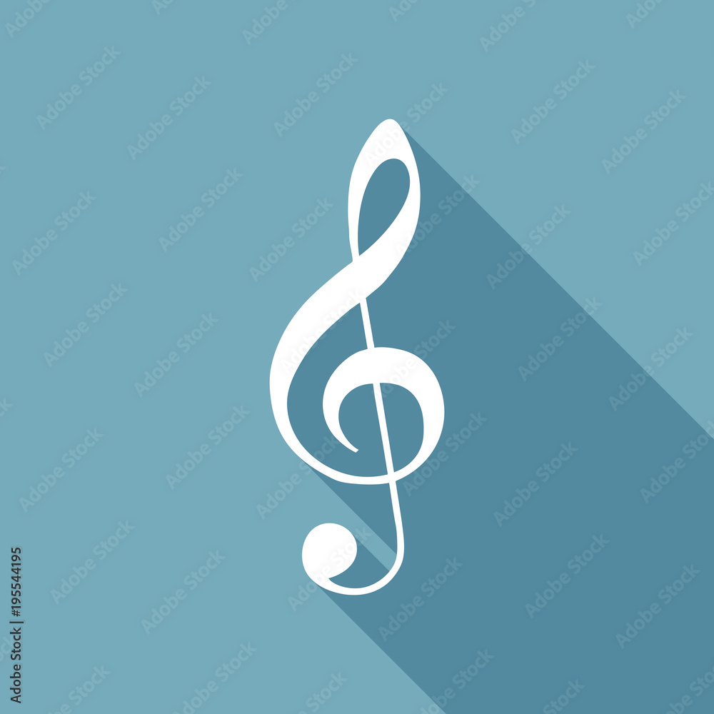 Simple icon of treble key. White flat icon with long shadow on background Simple icon of treble key. White flat icon with long shadow on background