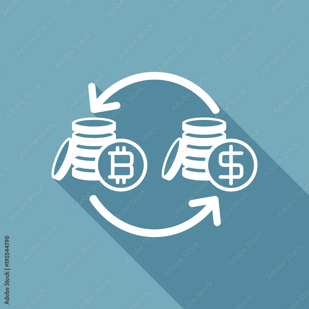 change bitcoin icon. White flat icon with long shadow on background change bitcoin icon. White flat icon with long shadow on background