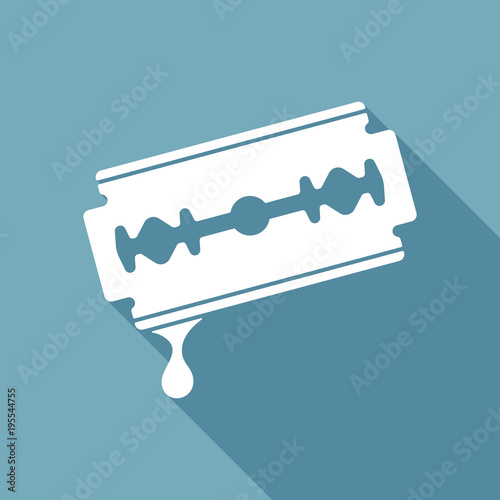 blade with drop of blood. simple silhouette. White flat icon with long shadow on background
