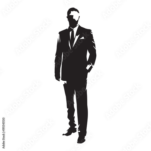 Business man in suit standing with hand in pocket. Front view, isolated vector silhouette