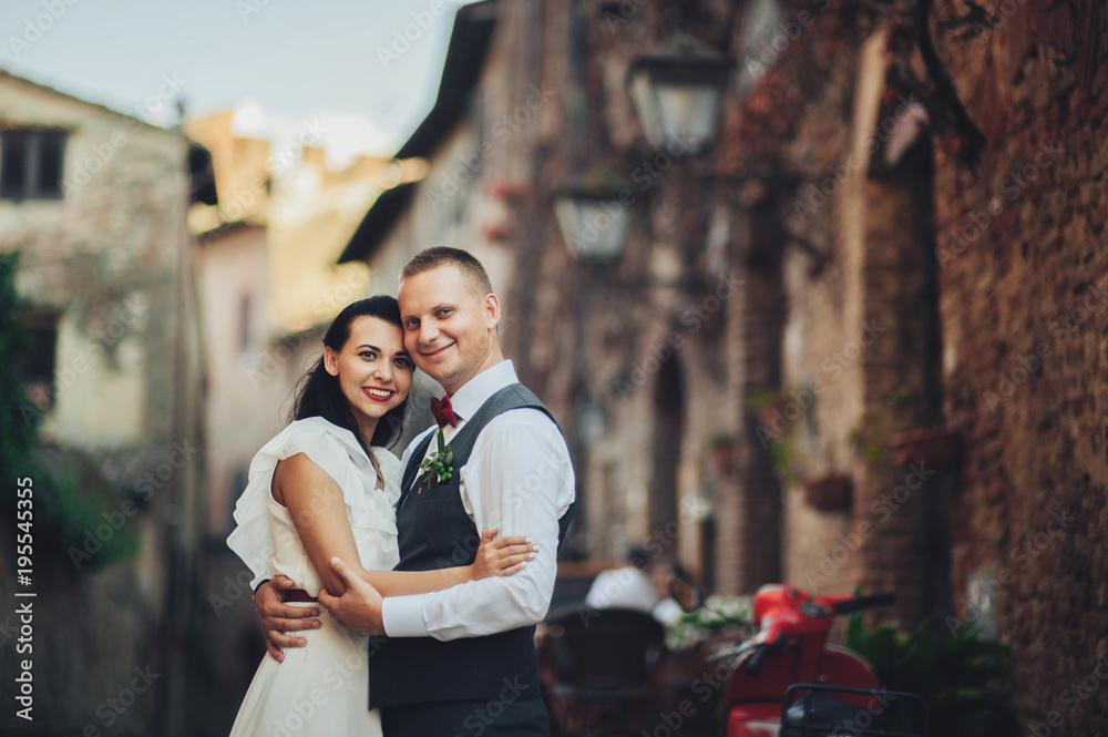 Naklejka premium Lovely hugging wedding couple stands before the gates to an old 