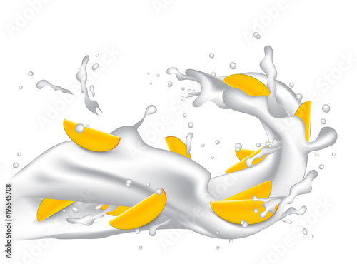 Milk splash 3d illustration with slices of mango, peach, apricot, nectarine, apple.  Cream pouring wave yogurt packaging template. Vector EPS10.