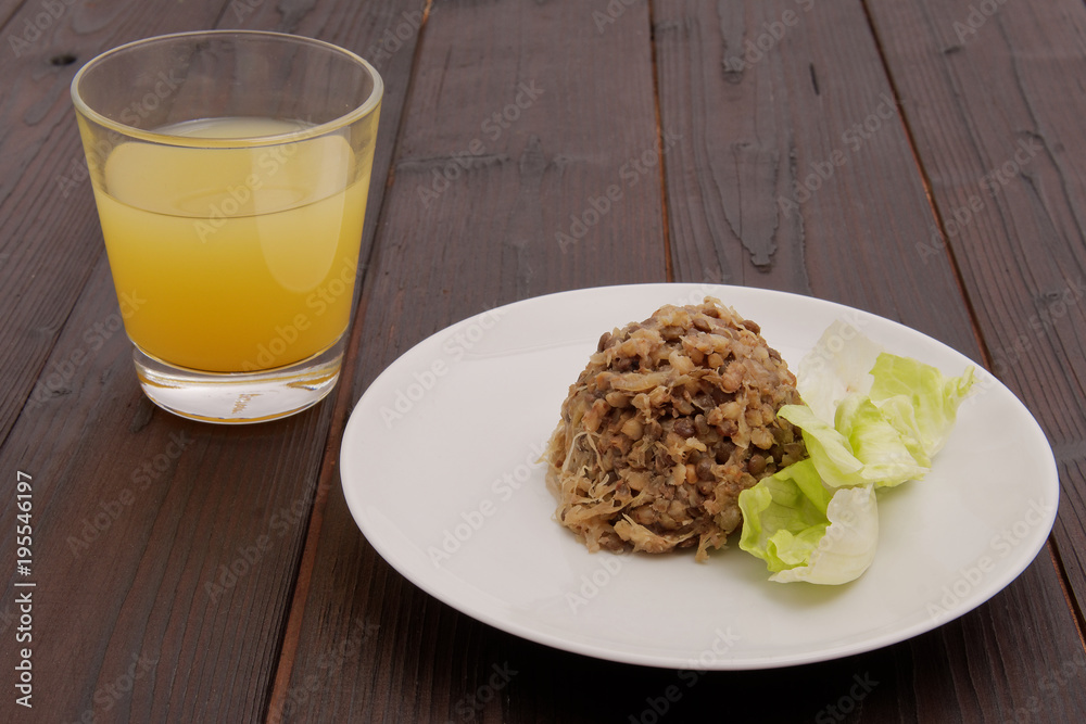Buckwheat and lentils with tempeh on a background Buckwheat and lentils with tempeh on a background
