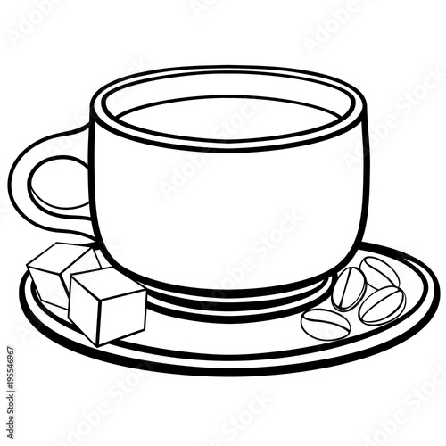 A cup of coffee on a saucer. Coffee beans and sugar pieces. Line drawing. For coloring