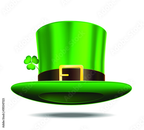 Green hat of St. Patrick Day with Clover plant.