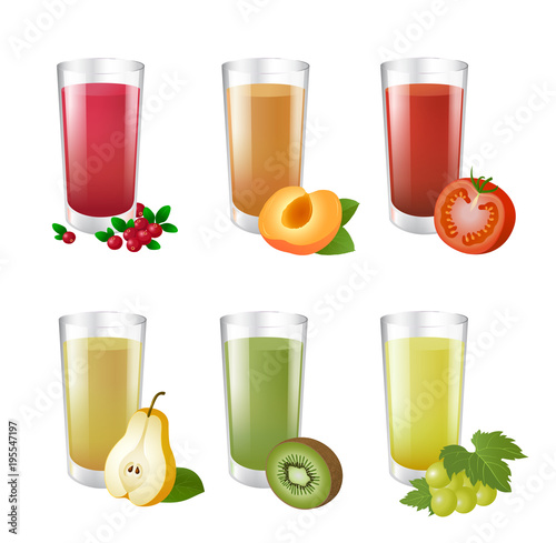 Set of realistic glasses with tasty juice on white background. Vector realistic illustration.