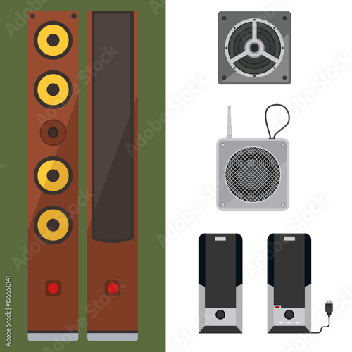 Acoustic sound system stereo flat vector music loudspeakers player subwoofer equipment technology.