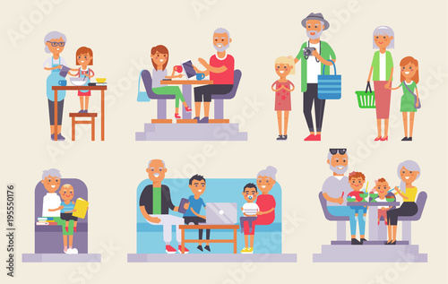 Old grandpa and grandma and yound kids children people group of european generations man and woman old and young people have time together infancy, childhood, youth, old age. Family life