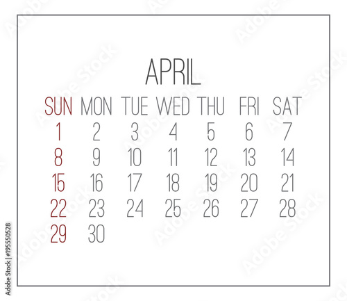 April year 2018 calendar