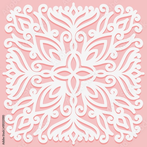 Square solid ornament. White graphic element on a pink background. Pattern for fabric, napkins, suitable for laser cutting.