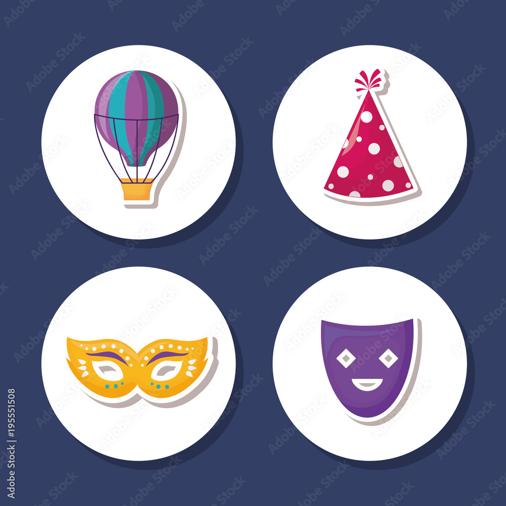 icon set of Circus carnival concept over white circles and blue background, vector illustration